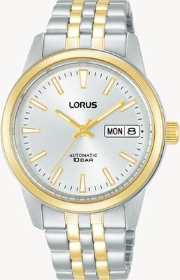 Lorus Klassisches Automatikwerk mit Tag- und Datumsanzeige (36 mm), silbernes Zifferblatt mit Sonnenschliff / zweifarbiges Edelstahlarmband RL404CX9