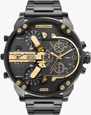 Diesel Mr. Daddy Multifunktionsuhr (57 mm) mit schwarzem und goldenem Zifferblatt / schwarzem PVD-Edelstahlarmband DZ7484