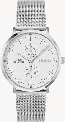HUGO Montre multifonction à quartz (40 mm), cadran blanc et bracelet en maille d'acier inoxydable. 1530456