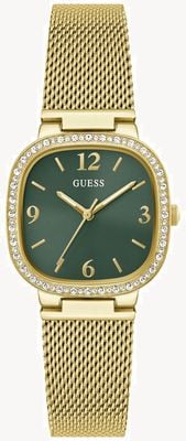 Guess Grünes Sunray-Zifferblatt aus Tapestry-Kristall (32 mm) / Mesh-Armband aus goldfarbenem PVD-Edelstahl GW0354L5