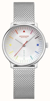Mondaine Doppio, inspiriert vom Bauhaus (33 mm), silbernes Zifferblatt / Edelstahl-Mesh-Armband MLE.33112.SM