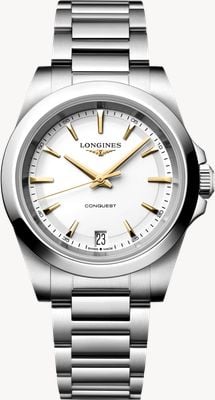 LONGINES Conquest Quarz (34 mm), weißes, sandgestrahltes Zifferblatt / Edelstahlarmband L34604126