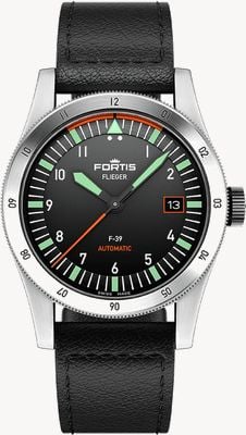 FORTIS Flieger F-39 Automatik, originales (39 mm) schwarzes Fliegerarmband aus Leder F4220006