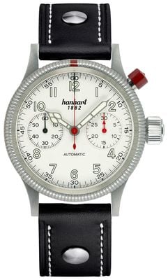 Hanhart Pioneer MK I Automatik-Chronograph (40 mm), antikes weißes Zifferblatt / schwarzes Lederarmband mit Nieten - M 714.200-0010