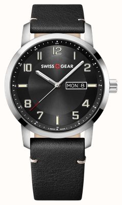 Wenger Zegarek kwarcowy Swissgear z funkcją dnia/daty (42 mm) z czarną tarczą / czarnym skórzanym paskiem 01.9041.430