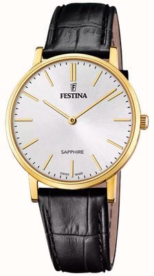Festina Quartzo clássico suíço (39,3 mm), mostrador prateado / pulseira de couro preta F20016/1