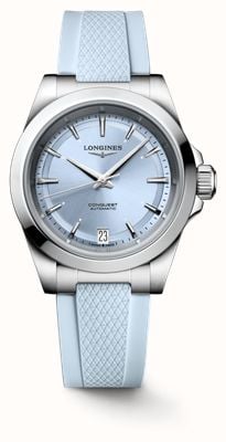 LONGINES Montre Conquest automatique (34 mm) pour femme, cadran bleu clair / bracelet en caoutchouc bleu L34304929