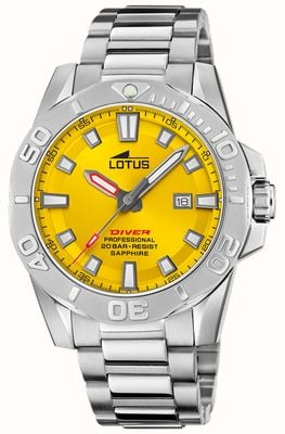 Lotus Montre de plongée pour homme (44,5 mm) cadran jaune / bracelet en acier inoxydable L18926/1