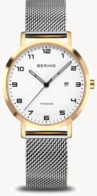 Bering Kwarc tytanowy (34 mm) biała tarcza / srebrna bransoleta mediolańska 18634-010