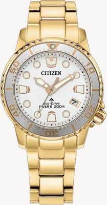 Citizen Eco-Drive ProMaster Diver (36,5 mm) mostrador branco / pulseira aço inoxidável PVD ouro EO2029-54A