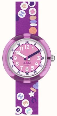 Flik Flak Bff (31,85 mm) rosa-weißes Zifferblatt / lila Armband mit Freundschaftsarmband-Muster FPNP172