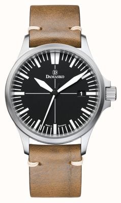Damasko DK32 Dreizeigeruhr mit Manufaktur-Automatikwerk (39mm) schwarzes Zifferblatt / Lederarmband Vintage-"Bio"-Uhr DK32 BEIGE LEATHER STRAP