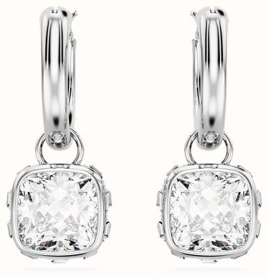 Swarovski Stilla Drop Hoop Earrings Rhodium Plated Square Cut White Crystal 5662919