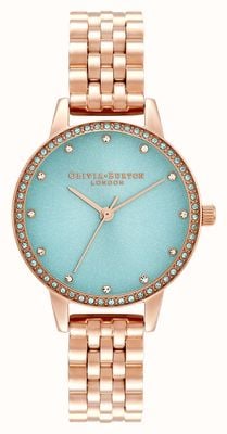 Olivia Burton Klassische Uhr mit minzglänzendem Zifferblatt und kristallbesetzter Lünette OB16MD104
