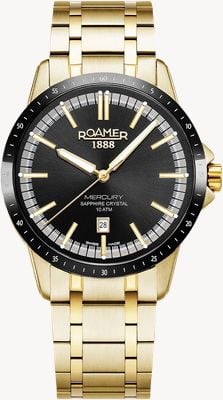 Roamer Mercury经典石英表（42毫米）黑色表盘 / 金色PVD不锈钢表链 968833 48 85 20