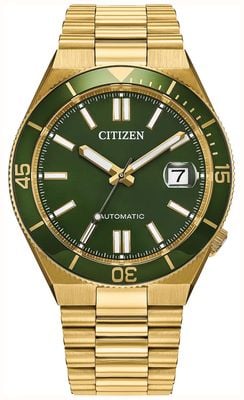 Citizen Tsuyosa Shore Automatik (40 mm), sattgrünes Zifferblatt mit Sonnenschliff / goldfarbenes PVD-beschichtetes Edelstahlarmband NJ0232-53X