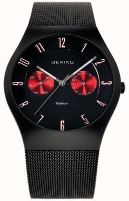 Bering Herrenuhr aus Titan, schwarz mit roten Akzenten und Mesh-Armband 11939-229