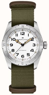 Hamilton 卡其色野外探险自动腕表（37 毫米）白色表盘/绿色 Nato 纺织表带 H70225910
