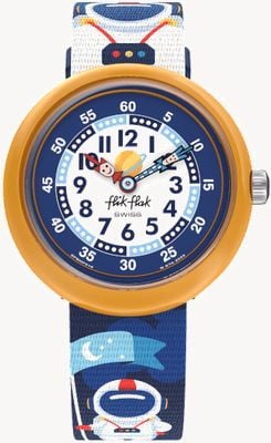 Flik Flak Astrodreams (31,85 mm) witte en blauwe wijzerplaat / stoffen band met astronaut-patroon FBNP216