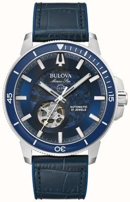 Bulova Montre marine star automatique pour homme | cadran bleu | bracelet en cuir bleu 96A291