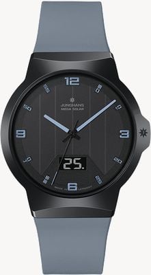 Junghans Force mega solar (40,4 mm) esfera negra / correa de silicona gris azul 18/1401.00