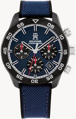 Tommy Hilfiger Cronógrafo Th85 de compuesto de carbono (42 mm), esfera azul oscuro / correa de caucho azul 1792183
