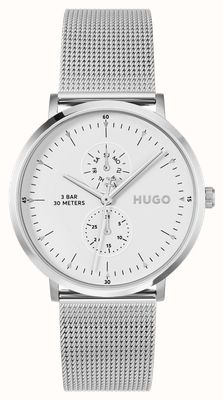 HUGO Relógio multifuncional de quartzo (40 mm) com mostrador branco e pulseira de malha de aço inoxidável. 1530456