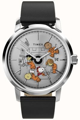 Timex X peanuts space marlin automatic (40mm) srebrna tarcza / czarny skórzany pasek TW2W87200