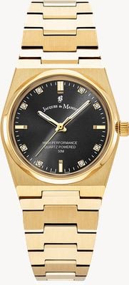 Jacques Du Manoir Horizon Three-Hand Crystal Quartz (31mm) Black Sunray Dial / Gold PVD Stainless Steel Bracelet JWL03604
