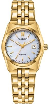 Citizen Eco-Drive Corso (28mm) Mother-of-Pearl Dial / Gold PVD Stainless Steel Bracelet EW2293-56D