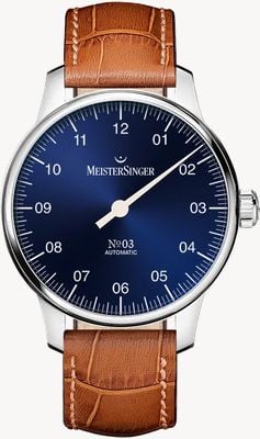 MeisterSinger N°03 (38mm) mostrador azul / pulseira de couro marrom conhaque BM9908