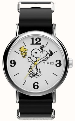 Timex X Peanuts Weekender Snoopy (40 mm) weißes Zifferblatt / schwarzes Lederarmband TW2Y60900