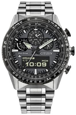 Citizen Eco-Drive Promaster Skyhawk Chronograph (43mm) Grey Dual-Display Dial / Stainless Steel Bracelet JV2006-55H