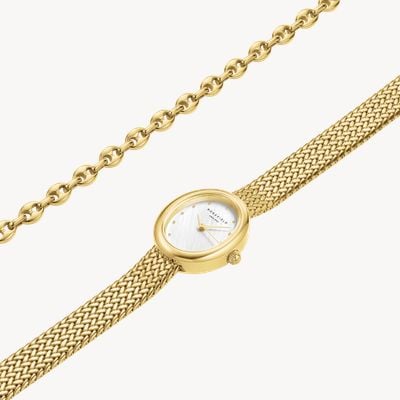 Rosefield Ovale - set regalo (24 mm) quadrante in madreperla bianca / bracciale in maglia di acciaio inossidabile placcato oro MOGCB-X289