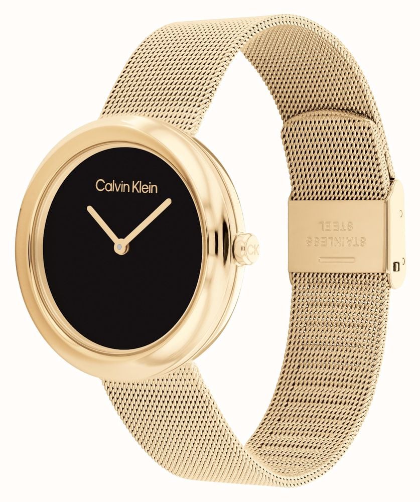 Calvin Klein Women s Black Dial Gold Stainless Steel Mesh Bracelet 25200012 First Class Watches USA