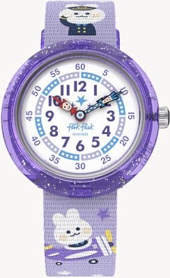 Flik Flak Kid's CHASING CLOUDS (31.85mm) White Dial / Purple Pilot Patterned Fabric Strap FBNP220