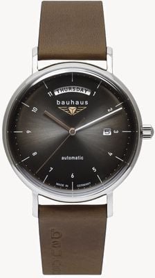 Bauhaus Klassische Day-Date-Automatik (41 mm) anthrazitfarbenes Zifferblatt / braunes Lederarmband 21622