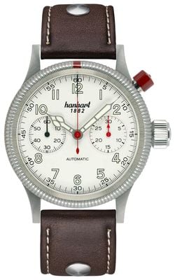 Hanhart Pioneer MK I Automatik-Chronograph (40 mm), antikes weißes Zifferblatt / dunkelbraunes Lederarmband mit Nieten - M 714.200-0110
