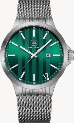 GLOCK Precision Date Quartz (44mm) Green Striped Dial / Stainless Steel Mesh Strap GW-12-3-24