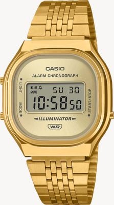 Casio A140 serie alarmchronograaf met verlichting (36,8 mm) goudkleurige zonnestraalnumeraalkant / goudkleurig PVD roestvrijstalen band A140WEG-9AEF
