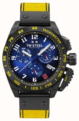 TW Steel Chronograf Nigela Mansella z limitowanej edycji (46 mm) z niebieską tarczą typu sunburn i żółtym skórzanym paskiem TW1017