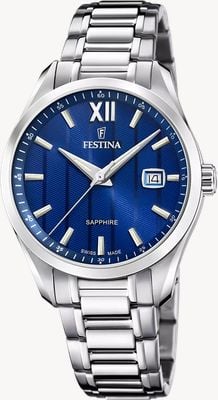 Festina Montre à quartz classique de fabrication suisse (37,5 mm), cadran bleu / bracelet en acier inoxydable F20026/2