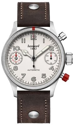 Hanhart Chronographe automatique Pioneer Twindicator (45 mm), cadran blanc antique / bracelet en cuir marron foncé - m 731.200-0110