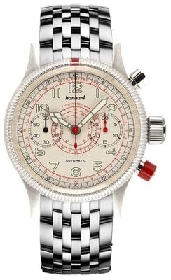 Hanhart Pioneer Tachytele Automatik (40 mm), antikes weißes Zifferblatt / Edelstahlarmband 712.200-6428