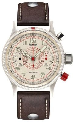 Hanhart パイオニア タキテレ オートマチック (40mm) アンティークホワイトダイヤル / ダークブラウンレザーリベットストラップ - m 712.200-0110