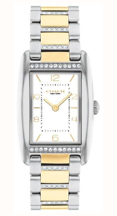 Coach Women s Reese 24mm White Rectangular Dial Crystal Set Two Tone Stainless 14504318 First Class Watches IRL