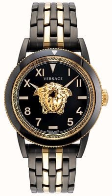 Versace V-Palazzo (43 mm), schwarzes Zifferblatt / schwarz + goldfarbener PVD-Edelstahl VE2V00422