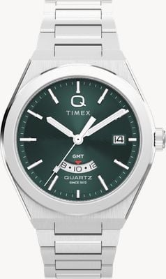 Relógio Timex Continental GMT (39 mm) com mostrador verde texturizado radialmente e pulseira de aço inoxidável. TW2Y24800