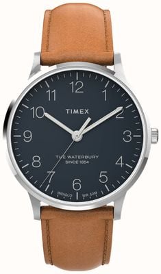 Timex 沃特伯里经典 40 毫米 3 手不锈钢表壳蓝色表盘 lt brn 表带 TW2U97200