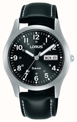 Lorus Klassisches Tag/Datum-Modell (38 mm), schwarzes Sonnenschliff-Zifferblatt / schwarzes Leder RXN79DX9
